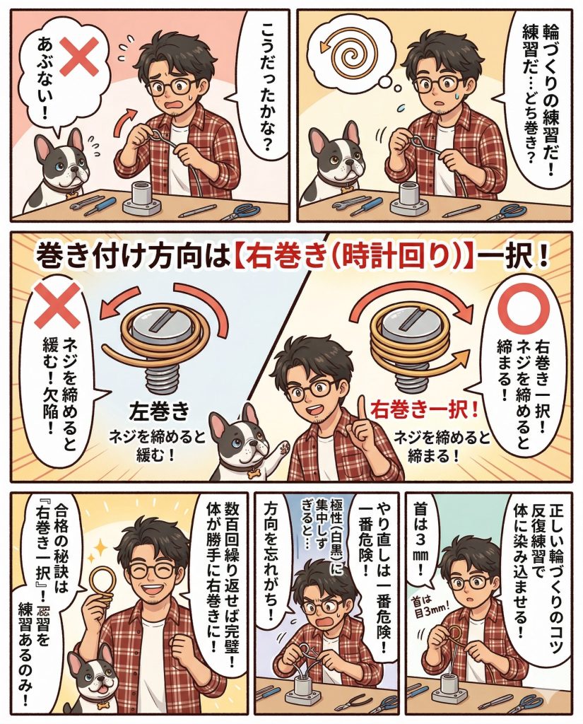 説明用4コママンガ。ランプレセプタクルの巻き付け方向は右巻き一択で、それ以外は欠陥なので注意。