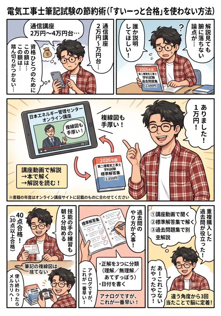 説明用マンガ。第二種電気工事士の筆記は、日本エネルギー管理センターのオンライン講座1万円と標準解答集1,650円の11,650円で足りる。過去問は正解を3つに分けて日付を書く。40点で合格した。